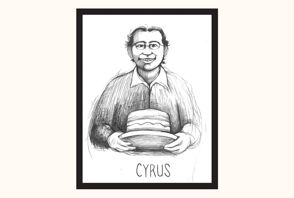 A ballpoint pen sketch of Cyrus, smiling goofily and holding a cake. 