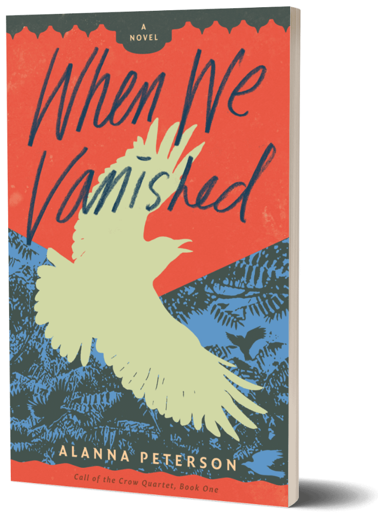 Cover of When We Vanished. Silhouette of a crow against green foliage and a red-gold background
