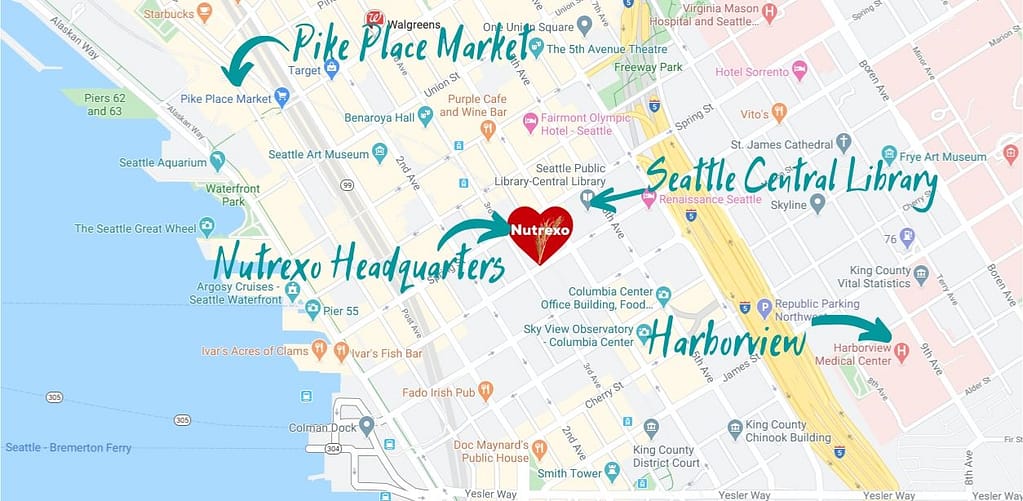 Map of downtown Seattle, including Pike Place Market, Nutrexo Headquarters, Central Library, and Harborview