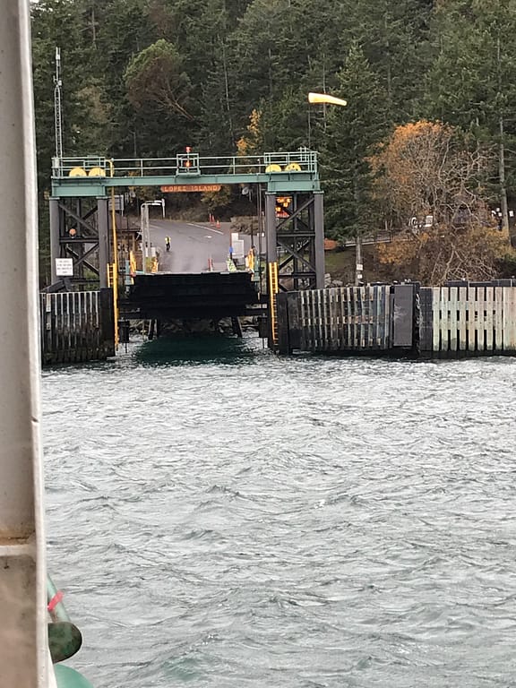 pulling up to the Lopez Island ferry dock