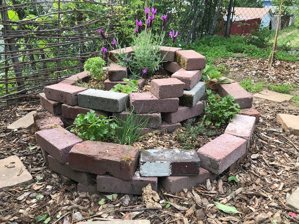 side view of a spiral garden bed made with bricks