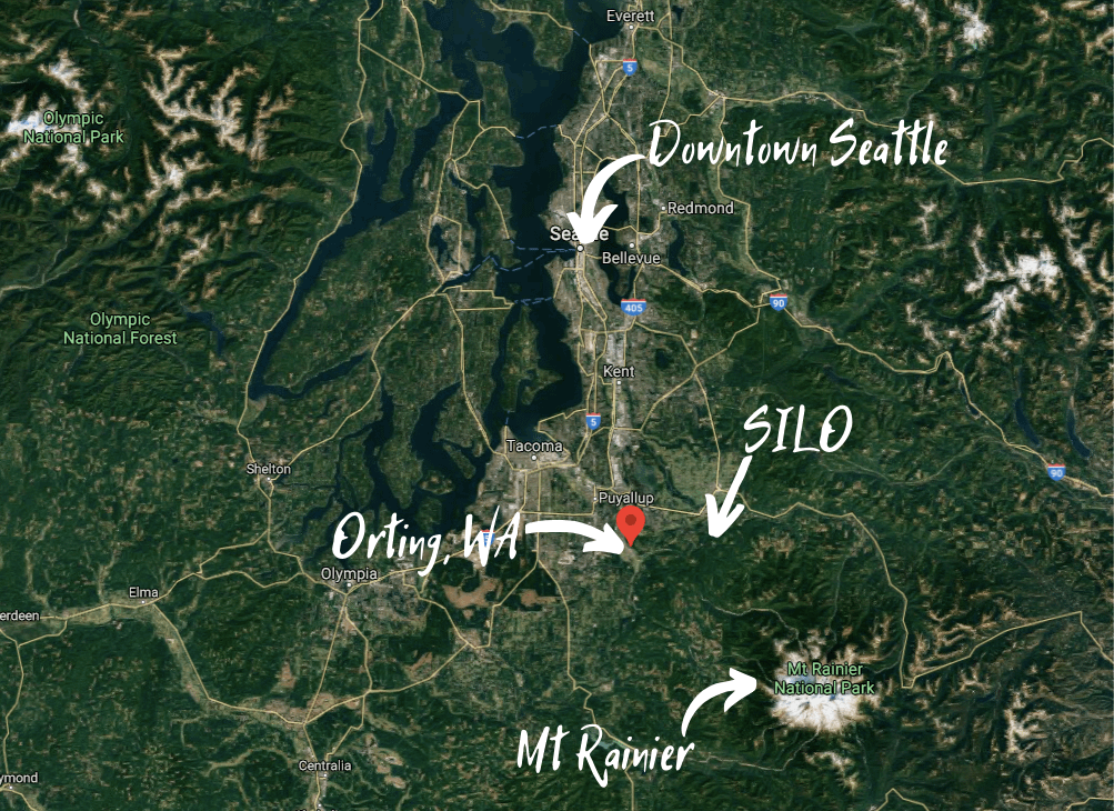Satellite map of Washington state, including Seattle, Orting, SILO, and Mt Rainier