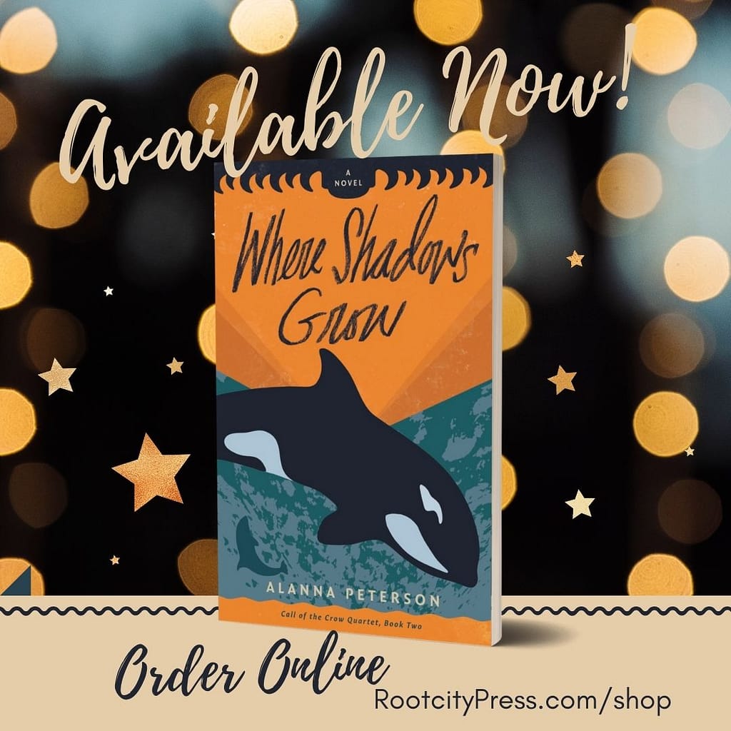 3D cover of Where Shadows Grow against a starry background. Text reads, "Available Now! Order online. RootcityPress.com/shop."