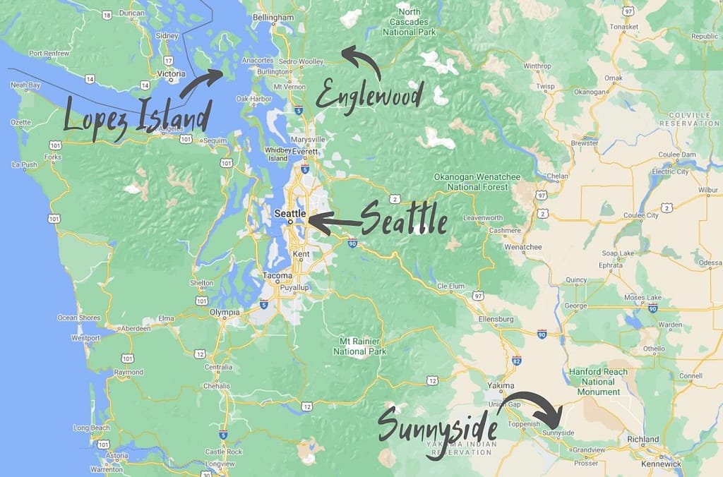 Map of Washington state with locations of Lopez Island, Englewood, Seattle, and Sunnyside indicated