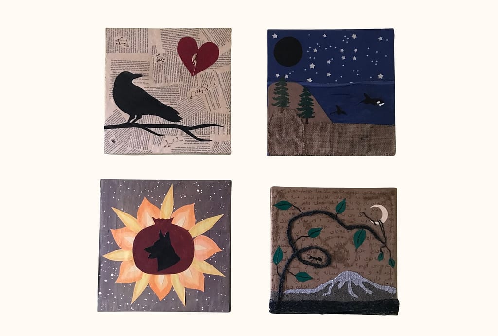 Four collages. The first has a crow looking over its shoulder at a heart enclosing a stalk of wheat. The second has a starry night sky, dark moon, and orca whale swimming in the sea. The fourth has a pomegranate with a silhouette of a german shepherd in the middle, surrounded by a sunflower-like burst of flames, against a starry backdrop. The fourth has a depiction of Mt. Rainier made from sand and a looping plant vine reaching up to a sickle moon. 