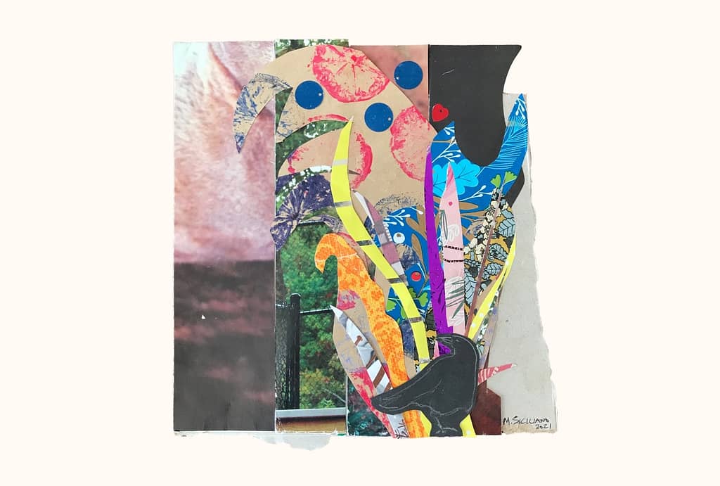 A collage filled with many different colors, shapes, and textures, with shiny sequins and metallic stripes. At the base, beneath an explosion of different shapes, sits a small crow looking over its shoulder. 