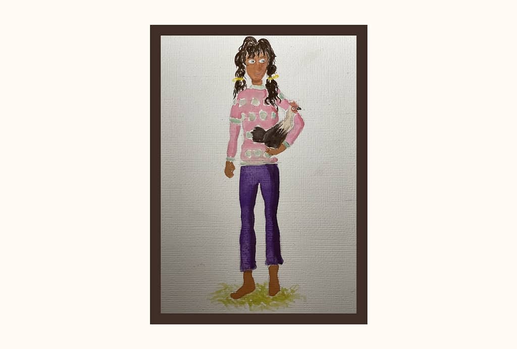 A watercolor painting of Roya. She wears a pink shirt with gray polka dots and purple leggings, and her messy hair is tied back with yellow ribbons. She holds a brown and white chicken beneath her arm. 