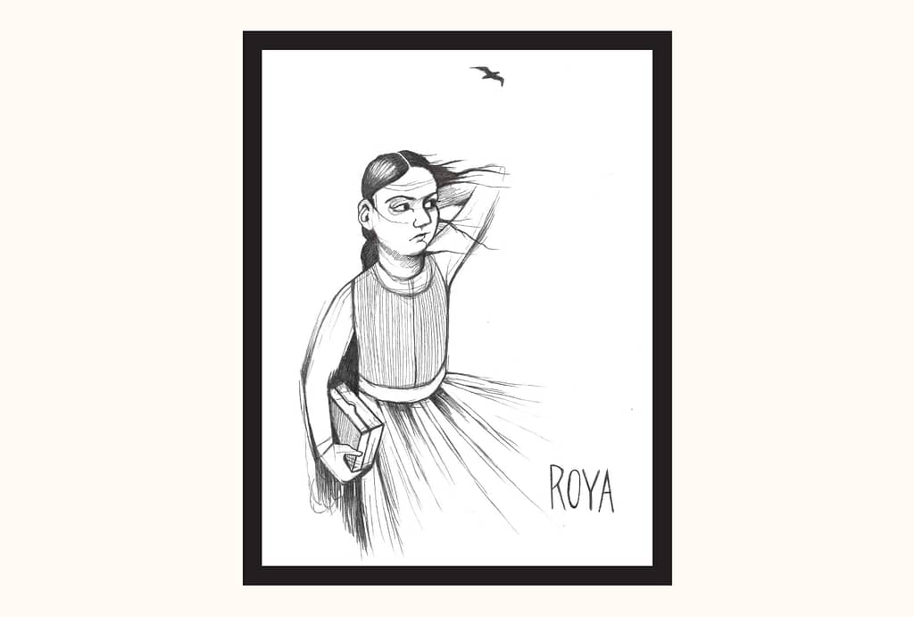 A ballpoint pen sketch of Roya, holding her hair back from the wind. A gust catches her dress. She holds a box in her right hand, and a bird flies above her. 