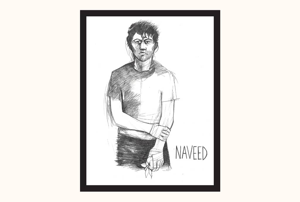 A ballpoint pen sketch of Naveed. He looks unhappy/mad, with messy hair, a shadowy face, and hunched shoulders. He's holding onto his left forearm with his right hand. There are faint bandages wrapped around both of his hands. In his left hand he holds an apple. 