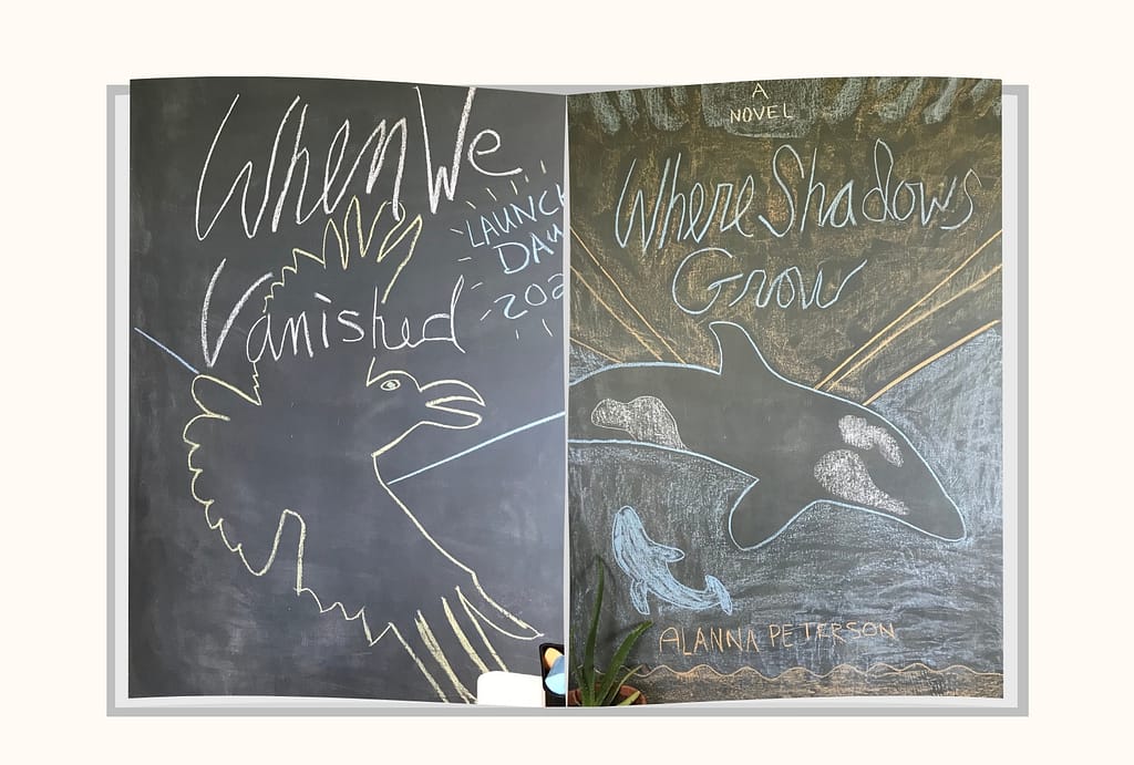Book covers of When We Vanished and Where Shadows Grow as rendered in chalk. 