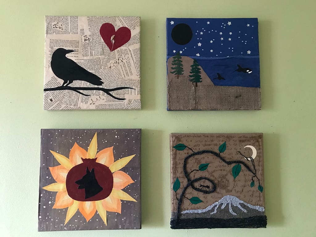 four collages. The first shows a silhouette of a crow on a branch with a red heart in the corner. The second shows a nighttime seascape with a dark new moon in one corner and an orca whale swimming in the water. The fourth shows a dog silhouette inside a pomegranate with flame-like petals around it. The fourth shows a mountain and a plant vine with small ants walking on it.