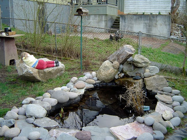 a young girl reclines on a rock next to a small pond ringed by stones