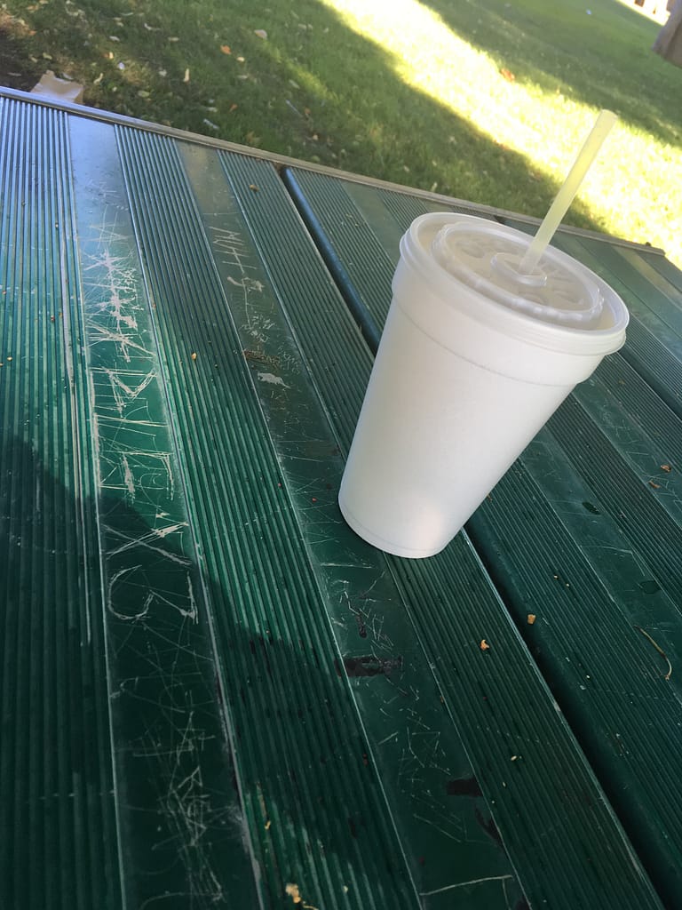 Styrofoam cup on top of a green picnic table with lots of indecipherable letters carved into the green paint