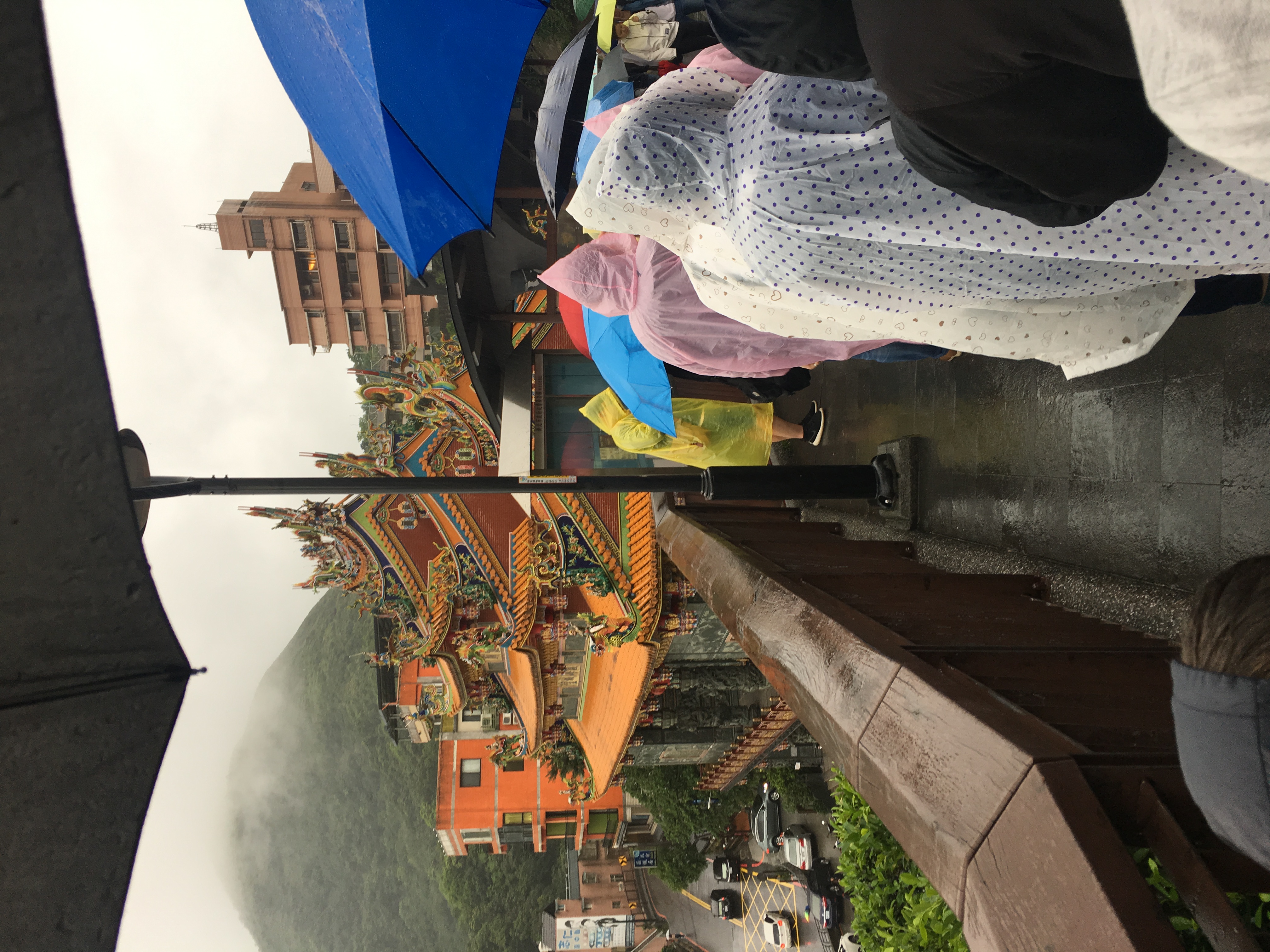 waiting in line with a bunch of poncho-clad tourists, under cloudy skies, in front of a temple